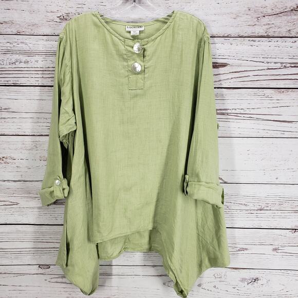 B. HADIKUSUMO Green 100%Linen Shark Bite Hem Roll Tab Sleeve Top Size XL - Picture 2 of 12